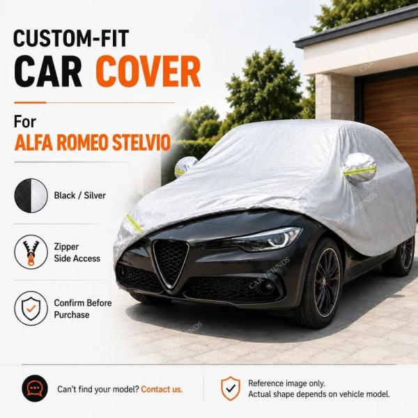 並行輸入品 アルファロメオ ステルヴィオ専用フルカーカバー シルバーコーティングオックスフォード生地 サイドジッパーアクセス UVカット 屋外 パーキング用