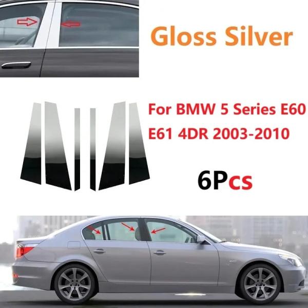 【並行輸入品】 bmw ウィンドウトリムカバー b列ステッカー 光沢 シルバー 5シリーズ e60 e61 4dr 2003-2010 研磨された柱のポスト 6