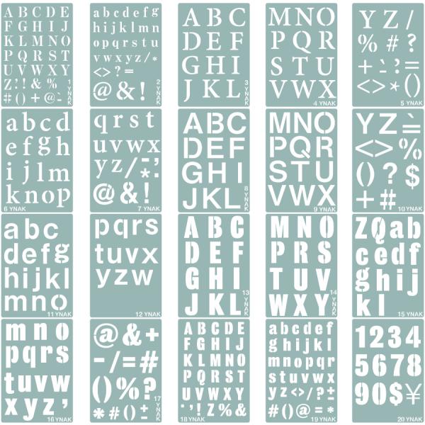 アルファベット大小の字体と数字など、ステンシルシート20枚セット。1枚プレートサイズ：約26cm *18cm*0.01mm / 20枚重さ：約249g / 材質：プラスチック製。/「対象年齢：6 歳以上」食品用ではありません。絵の具や塗料で...