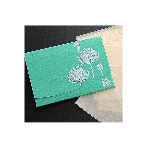 涼し気なグリーンにさわやかなホワイトロータスの花柄【サイズ】90×62ｍｍ　短冊サイズ【枚数】　40枚入り100パーセント天然素材（麻にシルク繊維配合）