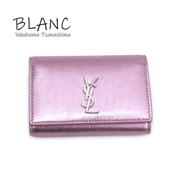 SAINT LAURENT キーケース 6連 YSL金具 ピンクベージュ ロゴ サンローラン キーケース カサンドラ 6連 ゴールド金具 ロゴ