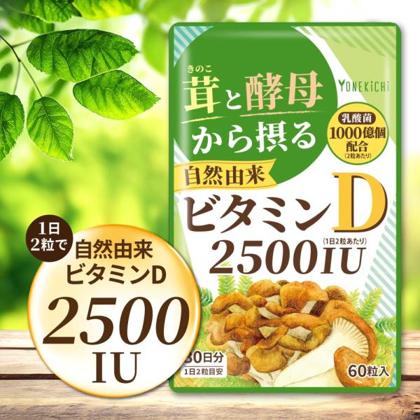 1日2粒で自然由来ビタミンD 2500IUを摂取できる！健康な体を守るビタミンDサプリメント『自然由来ビタミンD』『自然由来ビタミンD』は、国産キノコと酵母から摂った自然由来のビタミンDサプリメントです。1日2粒でビタミンDを2500IUを...