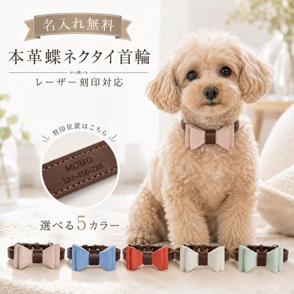【名入れ無料】 犬 首輪 本革 蝶ネクタイ おしゃれ 名前入り レザー 犬用 猫用 ペット レーザー刻印 電話番号 迷子対策