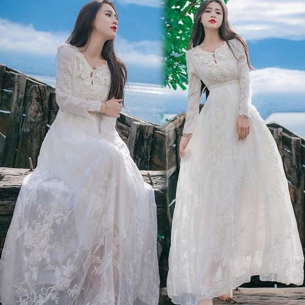 ロングドレス ワンピース 結婚式ドレス レディース 春夏 きれいめ マキシ丈ワンピース 白 ドレス 休み レース花柄 上品 大人 ロング丈 オシャレ 40代