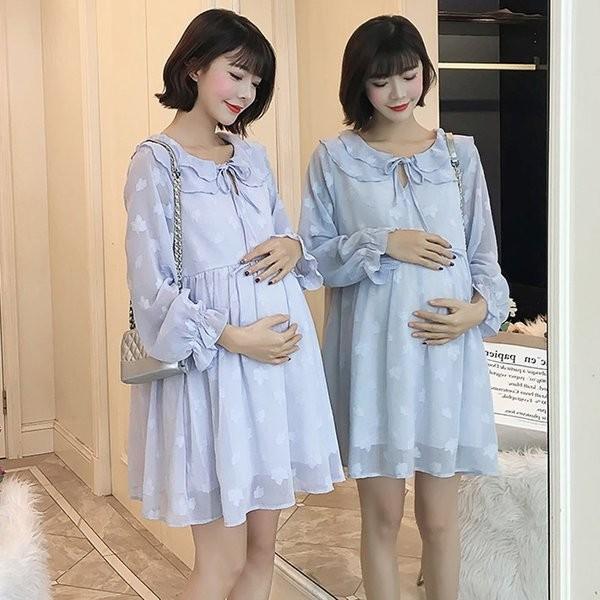 マタニティウエア ミニ丈ワンピース 長袖 マタニティワンピース 大きいサイズ 妊婦服 フレア 無地 ゆったり レディース