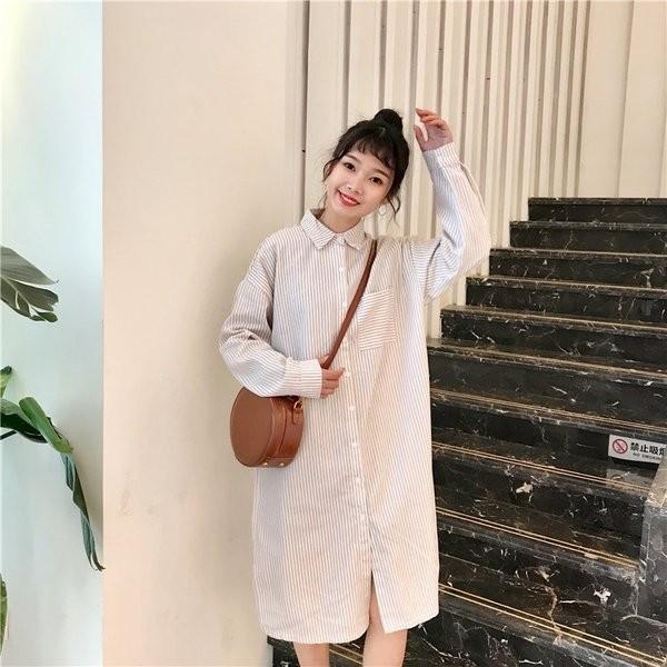 シャツ ロングシャツ シャツワンピース ひざ丈ワンピース レディースブラウス アウター 春夏 長袖 ストライブ