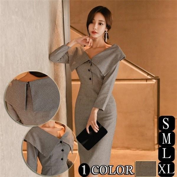 ワンピース ミディアム丈 長袖ワンピース レディース タイトワンピース 通勤 オフィス ひざ丈ワンピース 千鳥格子