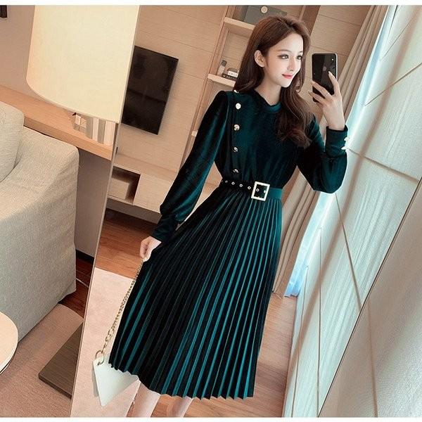 ワンピース レディース 秋 ロング丈 Aライン ベロアワンピース ミモレ丈 プリーツ 着痩せ 40代 きれいめ 30代 Ol 予約販売品 二次会 通勤 無地 おしゃれ