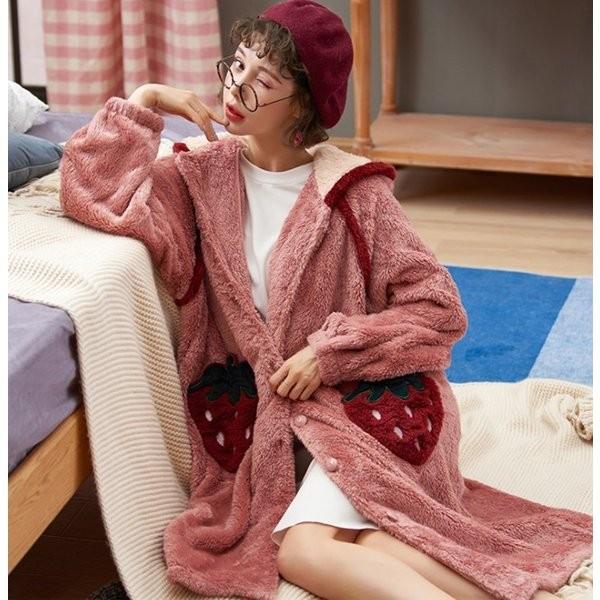 バスローブ レディース モコモコ フリース 厚手 あったか 大きいサイズ イチゴ柄ポケット ナイトウェア 入院 割り引き 冬 可愛い ママ 部屋着 ルームウェア