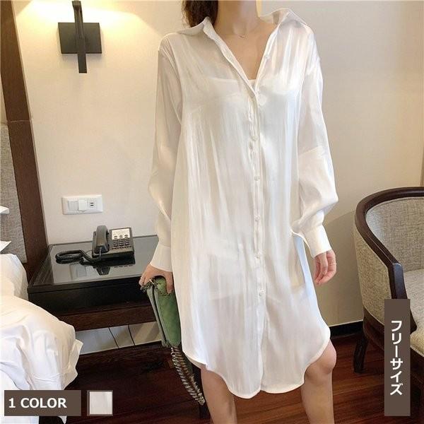 シャツワンピース ロングシャツ レディースシャツ 春夏 長袖シャツ ポロネック キャミ裏地付き 通勤 トップス