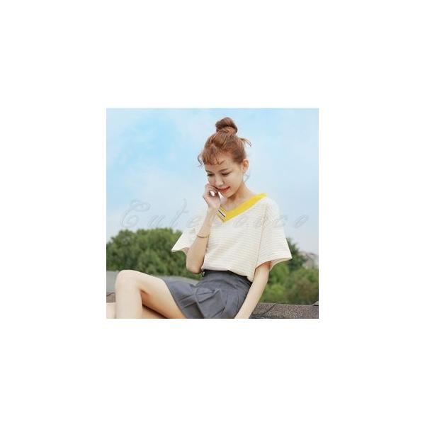 Tシャツ レディース メイルオーダー 半袖 Vネック ボーダー柄 ゆったり きれいめ トップス カジュアル Tシャツ おしゃれ スポーツ