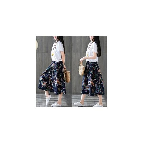 ガウチョパンツ 毎週更新 ワイドパンツ レディース ウエストパンツ 無地 花柄 リボン付き おしゃれ 7分丈 ボトムス 涼しい ゆったり 春夏秋