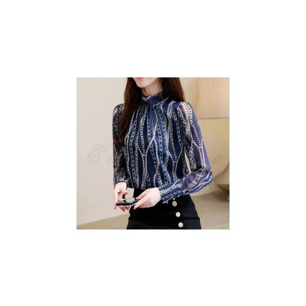 シフォンブラウス 長袖 レディース プリント Tシャツ 後ろリボン ハイネック オフィス 春秋 おしゃれ フォーマル きれいめ 上品 コーデ カジュアル