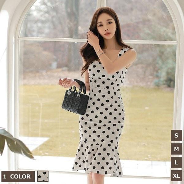 ひざ丈ワンピース レディース キャミワンピース ノースリーブ フィッシュテールワンピース デコルテ ドット柄 タイト 春夏