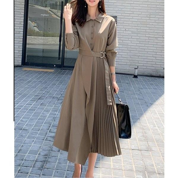 ワンピース レデース 秋 ロング丈 長袖 シャツワンピース Aライン プリーツ きれいめ ビジネス 通勤 Ol 卒業式 年間定番 母親 おしゃれ 上品 セレモニー 大人