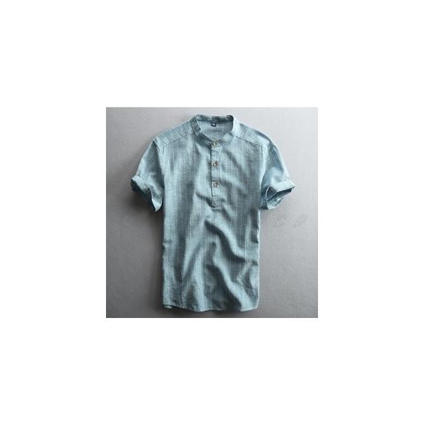 リネンシャツ メンズ Tシャツ 半袖 綿麻 カジュアル ビジネス ストライプ柄 男性用 かっこいい トップス 在庫限り おしゃれ きれいめ 夏用 プルオーバー 薄手
