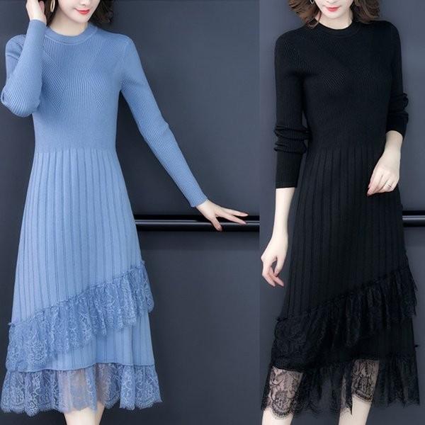 ニットワンピース レディース ロング丈 秋 冬 再再販 ワンピース ニット ロングワンピース レース裾 ママワンピース 長袖 30代 タイト 40代 代 無地 シンプル