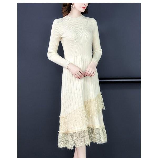 ニットワンピース レディース ロング丈 秋 冬 ワンピース ニット 新作入荷 新品 ロングワンピース レース裾 30代 ママワンピース 40代 シンプル 無地 タイト 代 長袖