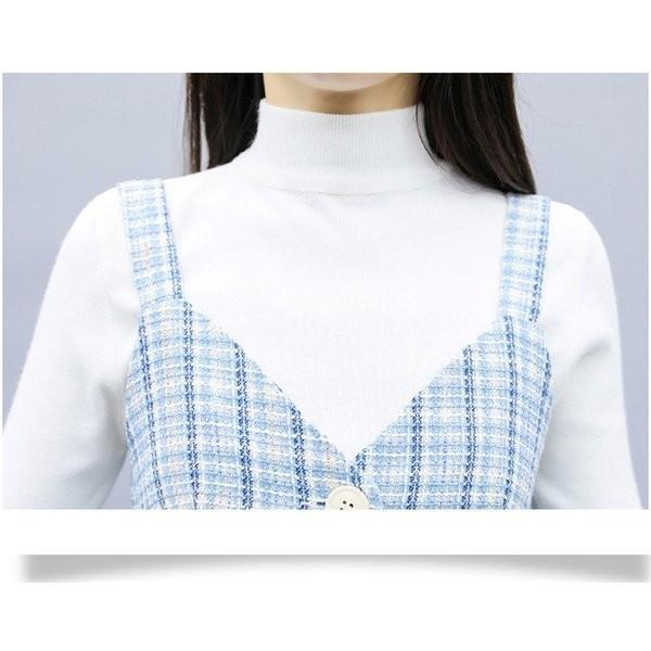 セットアップ 秋服 レディース 大きいサイズ キャミワンピース ニットトップス フォーマル 膝丈ワンピース オフィス ストアー ２点セット チェック柄 体型カバー