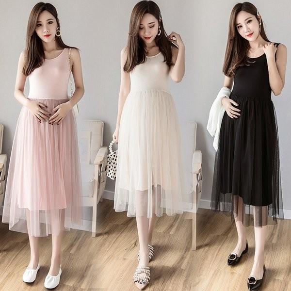 気質アップ マタニティ服 キャミワンピース 大きいサイズ 妊娠 ひざ丈ワンピース デコルテ 妊婦服 ゆったり ノースリーブ ママ産前産後対応 チュール ワンピース 春夏