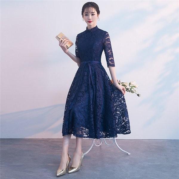 パーティードレス ドレス 結婚式 ワンピース 袖あり ロングドレス 演奏会 紺色 お呼ばれ パーティドレス ストアー 二次会 フレアワンピース 上品 大きいサイズ