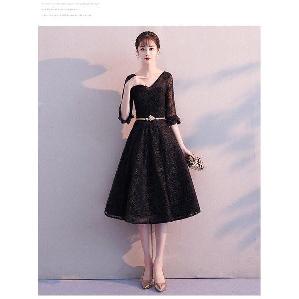 パーティードレス 結婚式 国際ブランド ドレス 袖あり 二次会ドレス フレア ミディアム丈ドレス パーティドレス 黒 お呼ばれドレス 二次会 大きいサイズ 卒業式 成人式