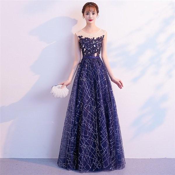 結婚式ドレス パーティードレス ワンピース ロングドレス レース 演奏会 ドレス ピアノ 発表会 大人 紺色 二次会 お呼ばれ 上品 着痩せ おしゃれ 披露宴 海外輸入