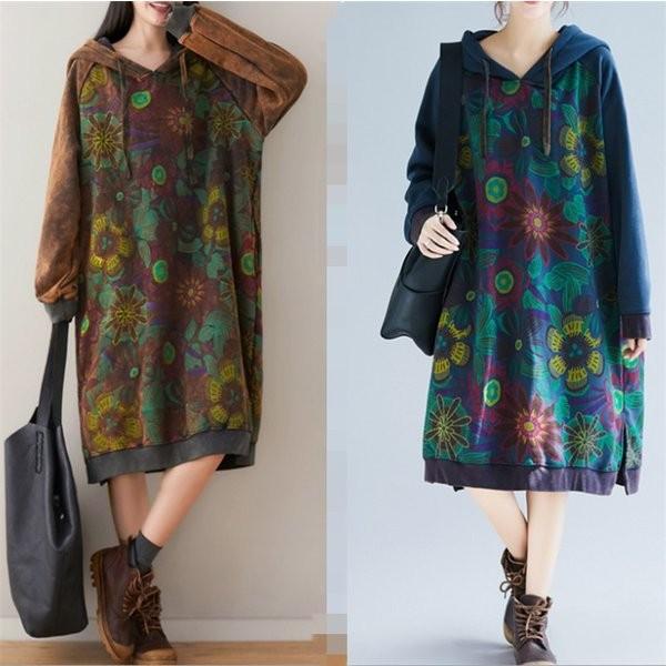 ワンピース レディース 秋 冬 パーカーワンピース ゆったり 体型カバー 選択 花柄 おしゃれ 着痩せ スリット 膝丈ワンピース ゆるっとワンピ スウェット