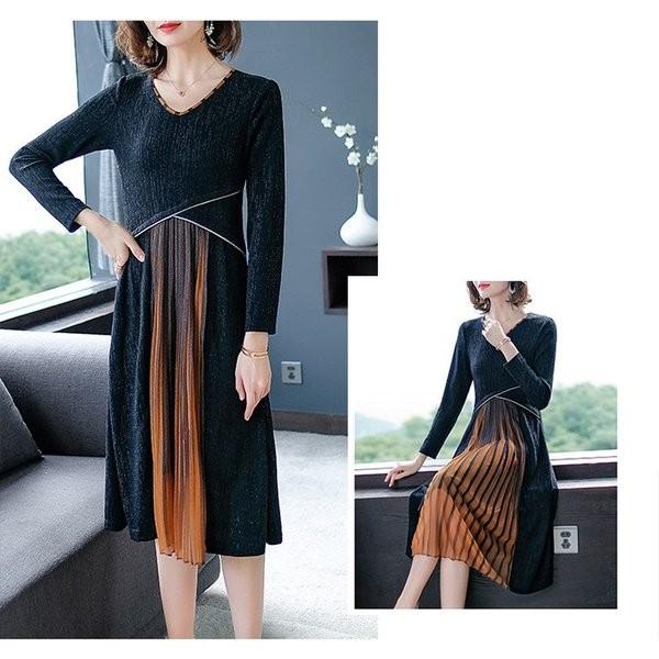 ワンピース レディース 秋 長袖 ロングワンピース プリーツ 切り替え Aラインワンピース 40代 ママワンピース おしゃれ 通勤 Ol ゆったり 送料無料 30代 体型カバー