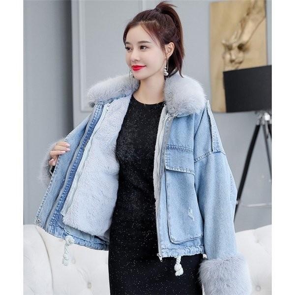 デニムジャケット デニムボアコート 厚手コート 防寒着 冬服 トップス アウター 中古 裏起毛 Xl ショート丈 ゆったり エレガント ファスナー レディース