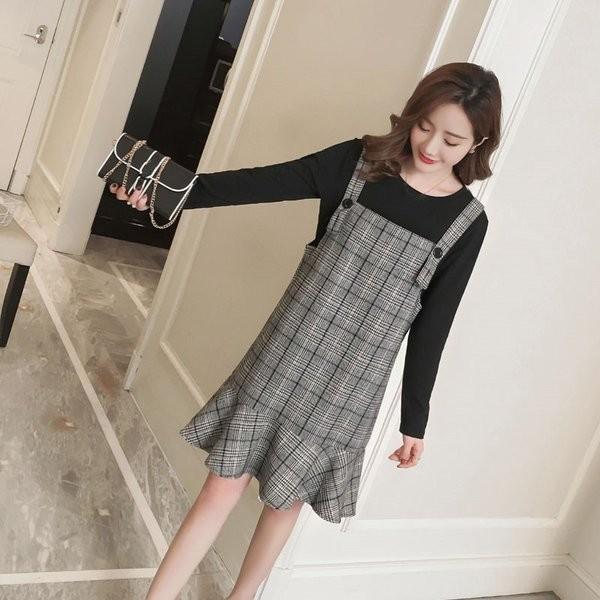 マタニティワンピース 妊娠 マタニティウェア Tシャツ 妊婦服 つりワンピース 大きいサイズ お出かけ チェック柄 二点セット 授乳服 オシャレ 買物 レディース