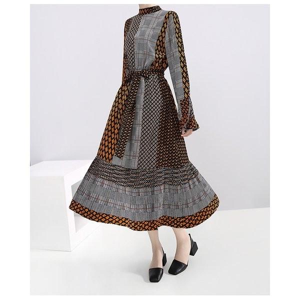 ワンピース レデイース シフォンワンピース ベルスリーブ ボトルネック Seasonal Wrap入荷 ヴィンテージ チェック ブラウジング ドッキング きれいめ