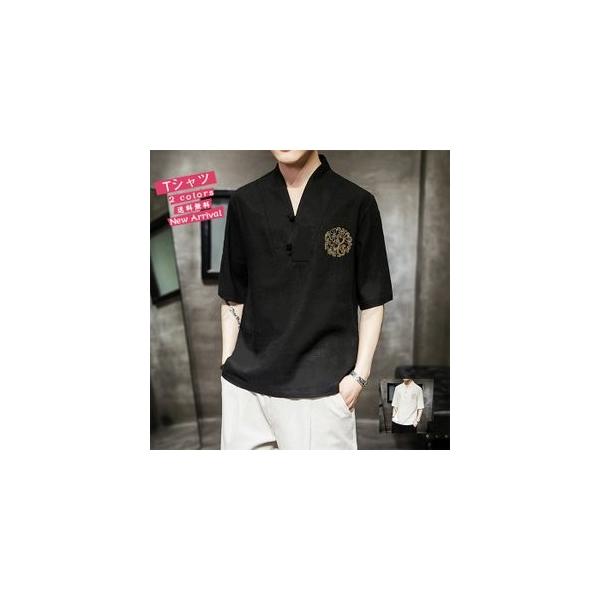 Tシャツ リネンシャツ メンズ 五分袖 綿麻 薄手 中国風 カジュアル 男性用 夏 大きいサイズ おしゃれ かっこいい きれいめ レース トップス Sale