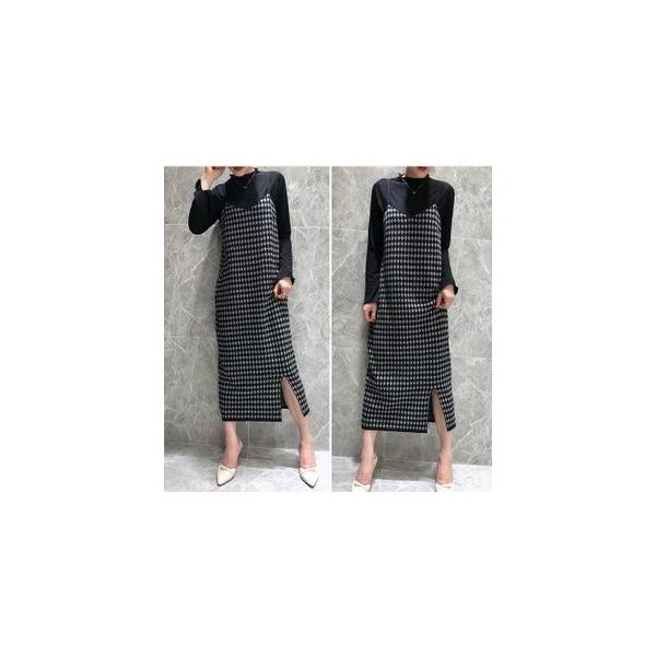 ニットワンピース レディース キャミワンピ チェック柄 菱形 ロング丈 ミモレ丈 春秋冬 ノースリーブ 新色追加 重ね着 ウール混 おしゃれ スリット