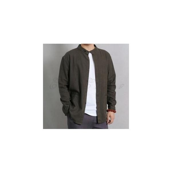 リネンシャツ 長袖 メンズ 授与 綿麻 無地 立ち襟 ゆったり 大きいサイズ 男性用 トップス ビジネス 中国風 カジュアル 通勤 おしゃれ 春秋