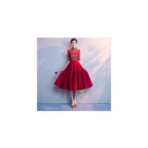 イブニングドレス ワンピース フォーマルドレス 花嫁ドレス 膝下 パーテイー レース コンサート 五分袖 手数料無料 結婚式 二次会 発表会 チャイナ風 赤