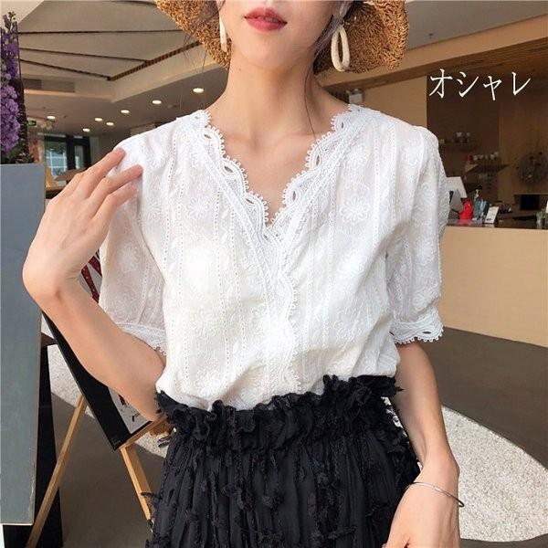 白ブラウス レディース 店 シフォン ブラウス オシャレ レース ホワイト 半袖 シャツ 40代 春 Vネック 韓国風 30代 トップス