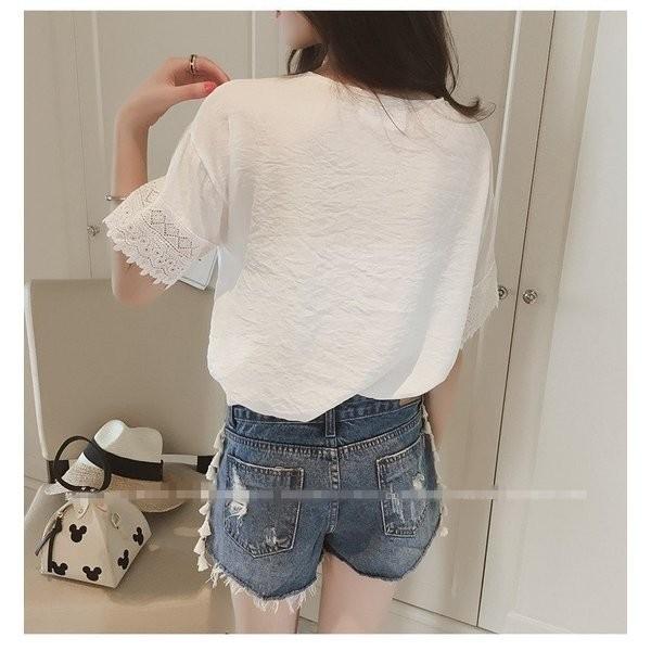 ブラウス レディース 春夏 半袖ブラウス 白ブラウス レーストップス Vネックブラウス 通勤 New売り切れる前に おしゃれ 韓国風 フォーマル シャツ 着痩せ