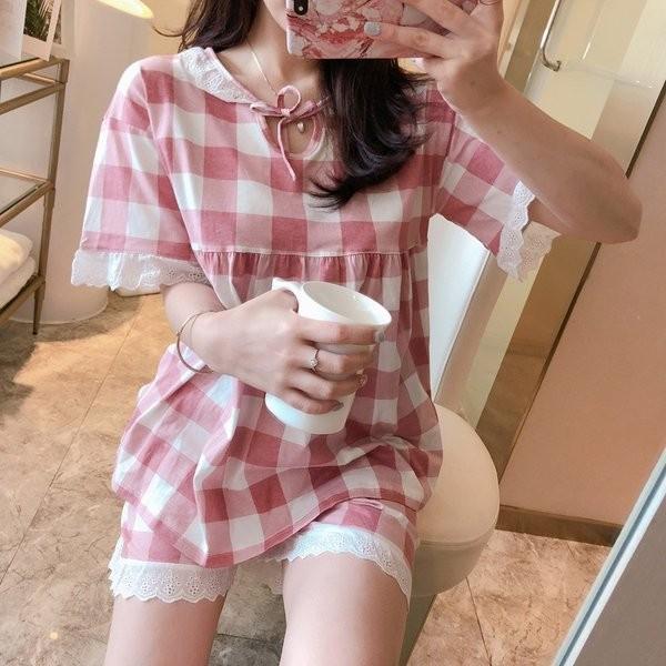 レディース サービス パジャマ チェク柄 レース付き 半袖 上下セット 夏用 かわいい Tシャツ 部屋着 寝間着 夏服 ルームウェア 短パン