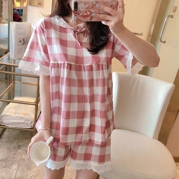 レディース サービス パジャマ チェク柄 レース付き 半袖 上下セット 夏用 かわいい Tシャツ 部屋着 寝間着 夏服 ルームウェア 短パン