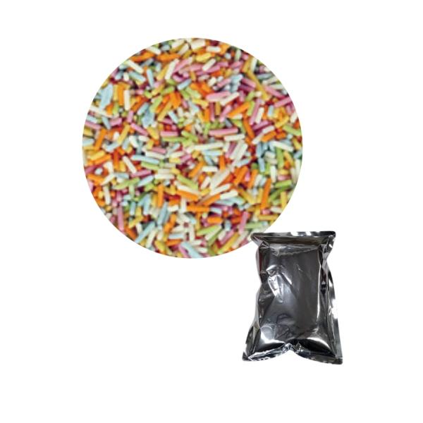 自然由来の色素（クチナシなど）を使用した、カラフルな6色（ホワイト・イエロー・ブルー・グリーンピンク・オレンジ）のチョコレートスプレー。パフェ、ドリンク、アイスクリーム、クレープなどのトッピングにご利用下さい。※画像はイメージです。光の当た...