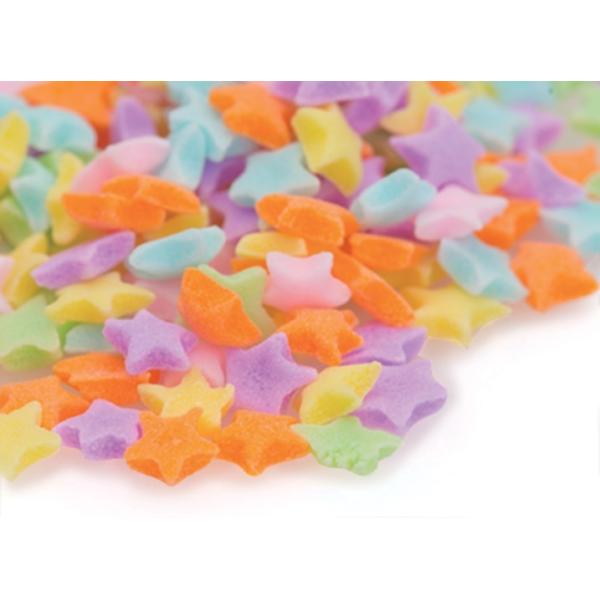 直径約6mmのトッピングシュガースター（星）。黄、青、緑、紫、桃、橙のカラフルな6色がミックされています。※袋によって色の比率は個体差がございます。※オイル加工なしの為、生クリーム商品には適していません。※上記画像はイメージです。光の当たり...