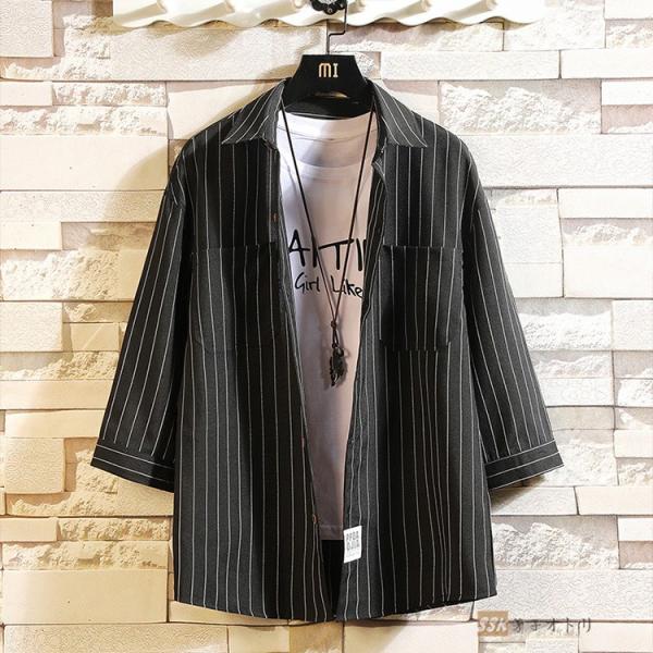 ストライプシャツ メンズ カジュアルシャツ 開襟シャツ トップス 7分袖 七分袖 メンズシャツ