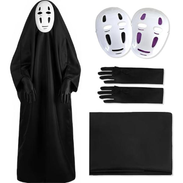 送料無料 ハロウィン 衣装 コスプレ カオナシ 子供 大人 4点セット 顔隠し 手袋 お面2枚 コスチューム お化け屋敷 カオナシ男 仮装 メンズ 男の子 変装