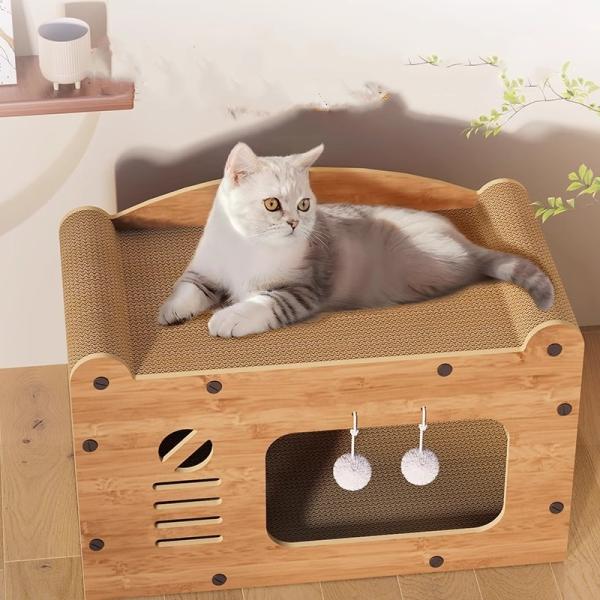 猫用爪とぎ 猫ハウス 猫タワー キャットハウス キャットタワー ダンボールハウス 爪とぎ兼ベッド 猫箱 猫ベッド 猫爪とぎボックス おもちゃ 組み立て式 高密度段ボール 収納簡単 ストレス解消 通気 ペットハウス材質：木、紙キャットハウス ...
