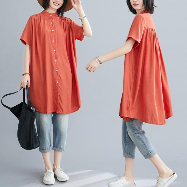シャツ レディース ロング 夏 トップス 無地  ブラウス カーディガン シャツ フレアシルエット 立ち襟 ゆったり 半袖 着まわし 羽織り 50代 40代 30代 20代