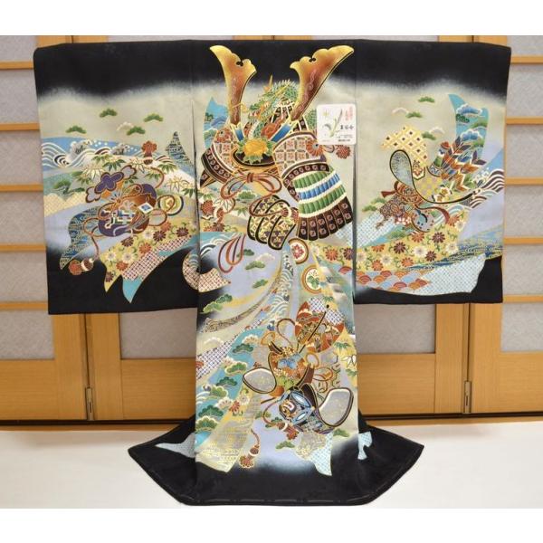 宮参り 男の子 ［兜］正絹 初着 産着 着物 正絹 ] お宮参り 男の子 初着 産着 鷹に兜 波 黒 一つ身 のしめ