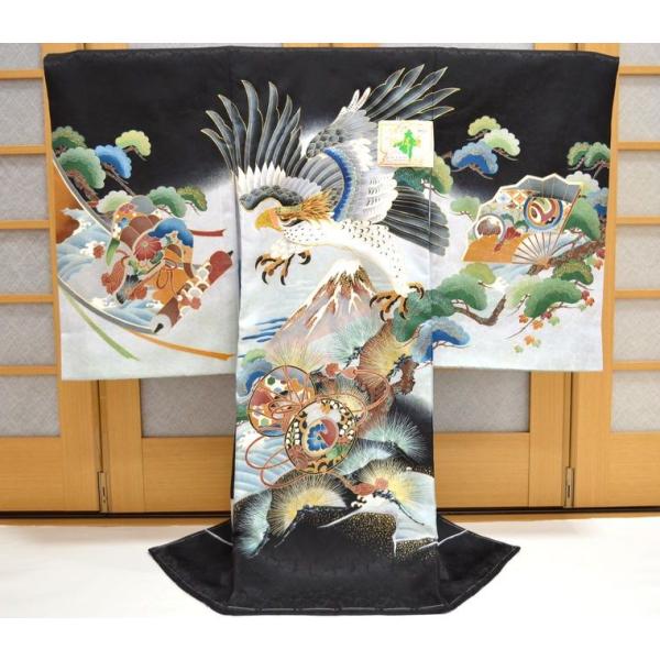 お宮参り着物 男 正絹 初着 男の子 産着 鷹刺繍 富士 黒色 om-m