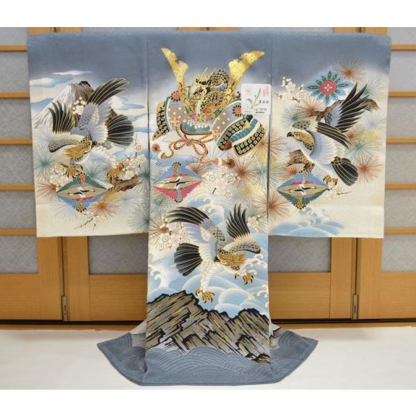 お宮参り　産着　男の子　鷹　兜　刺繍 お宮参り着物 男の子 赤ちゃん着物 産着 初着 兜 刺繍 鷹 グレー