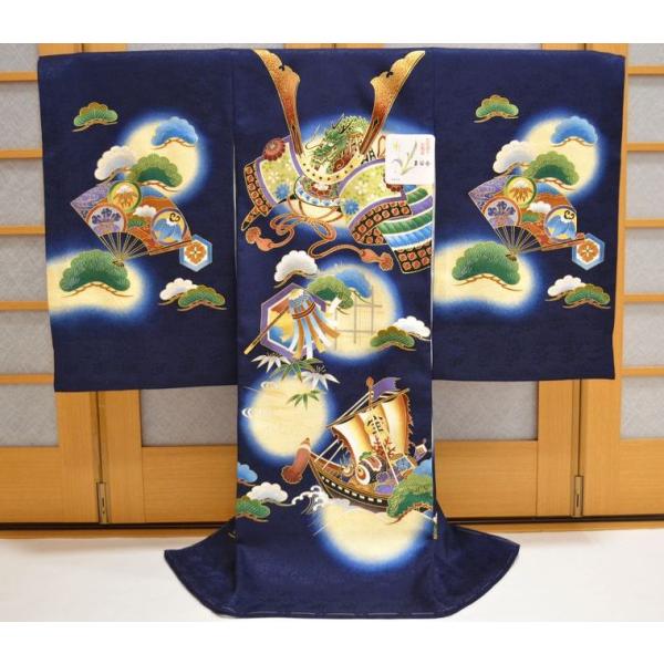 お宮参り 着物 正絹 男の子　兜 お宮参り 着物 男 正絹初着 男の子産着 祝着 兜 金箔 宝船 紺地 om-m